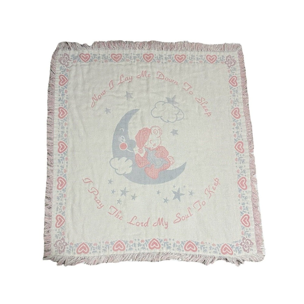 Now I Lay Me Down To Sleep Bear Moon Cloud Pastel Pink Blue Tapestry Blanket